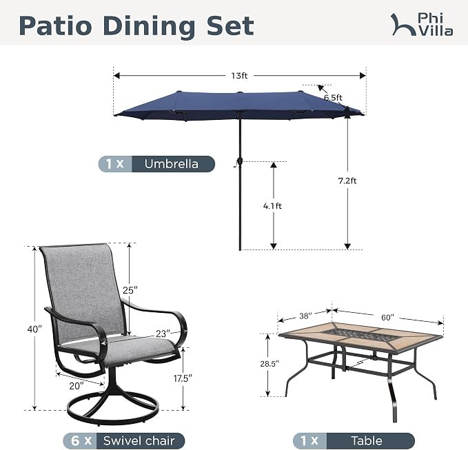 PHI VILLA 8 Pc Outdoor Dining Set with 13ft Umbrella, Swivel Mesh Chairs | 60'' wood-look rectangular table, 6 grey patio textilene chairs and 13ft navy blue umbrella(NO BASE) for deck, garden, yard