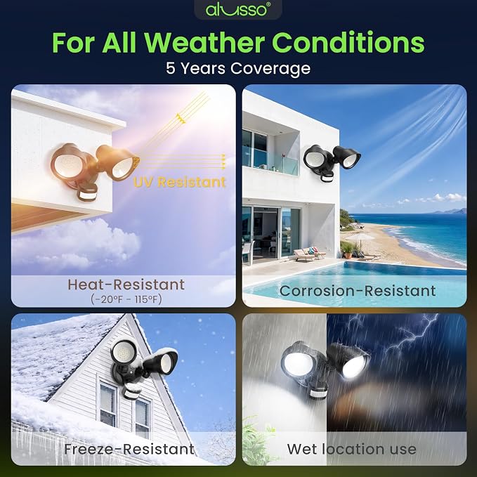 ALUSSO Motion Sensor Outdoor Lights, 30W 3500LM Flood Lights Outdoor 120V, 3 Modes (Dusk to Dawn/Auto/On Time), 3CCT 3000K/4000K/6500K Waterproof Hardwired Security Light ETL Listed for Porch, 2PCS
