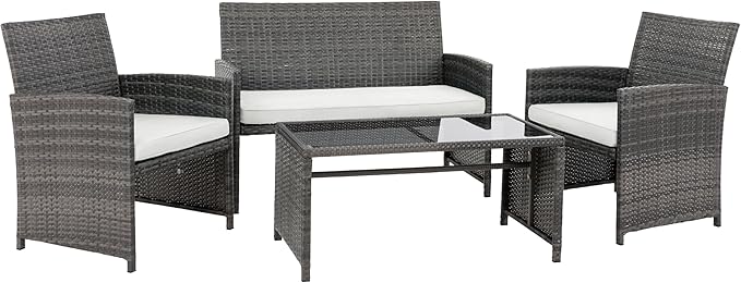 4 Piece Patio Ratten Set Outdoor Furniture Set Wicker Conversation Set with Cushions and Tempered Glass Tabletop,Beige