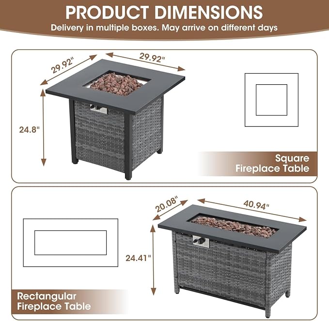 5-Piece Outdoor Patio Furniture Set, Grey Wicker Conversation Set with 2 Sofas, 2 Swivel Chairs and Rectangular 60,000 BTU Fire Pit Table, Beige Cushions