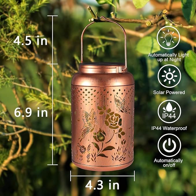 2 Pack Solar Lanterns Outdoor Waterproof, Butterfly Rose Garden Decor Birthday Gifts for Women Mom Grandma Hanging Solar Lights Metal Solar Decoration Outside for Yard, Patio, Lawn | Birthday Gifts for Women Mom Grandma Hanging Solar Lights Metal Solar...