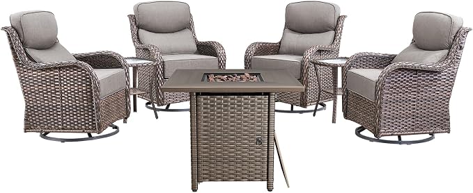 Luxury High Back Patio Furniture Set 30" Fire Pit Table with 6-Inch Thick Cushions, 5-Pieces Outdoor Furniture w/ 4 Swivel Chairs, Wicker Conversation Set for Porch, Balcony, Deck and Yard, Brown/Grey