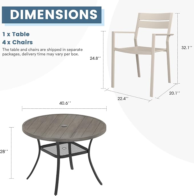 DIFY 5 Piece Outdoor Patio Dining Set for 4, Patio Table and Chairs Set with Umbrella Hole, 40.6" Round Dining Table and Stackable Metal Chairs for Backyard Garden Poolside, Grey Wood-Like & Sandshell