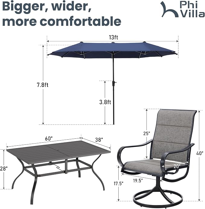 PHI VILLA Patio Dining Set with 13ft Outdoor Navy Blue Umbrella, 6 Padded Textilene Dining Chair and 1 Large Metal Table, Outdoor Table and Chair for Patio Lawn Garden (No Umbrella Base)