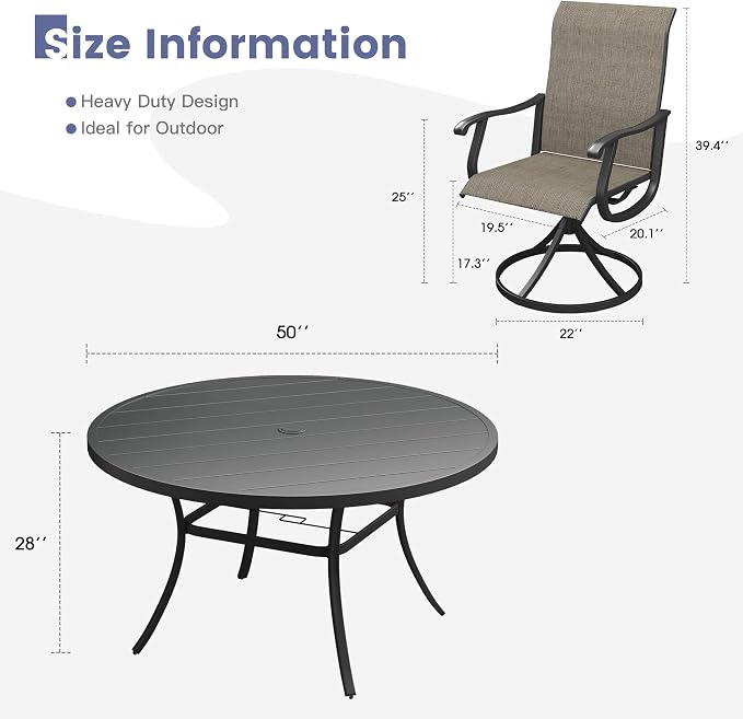 VICLLAX 7 Pieces Outdoor Dining Set, Patio Furniture Set of 6 Patio Swivel Dining Chairs and 50" Patio Round Table, Mixed Brown Chairs & Black Tabletop