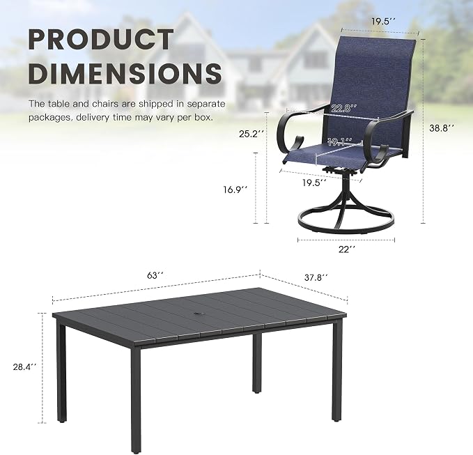 7 Pieces Patio Dining Set, 6 Outdoor Swivel Dining Chairs with 63" Rectangle Metal Outdoor Dining Table with Umbrella Hole for Garden Backyard Deck, Dark Blue & Black