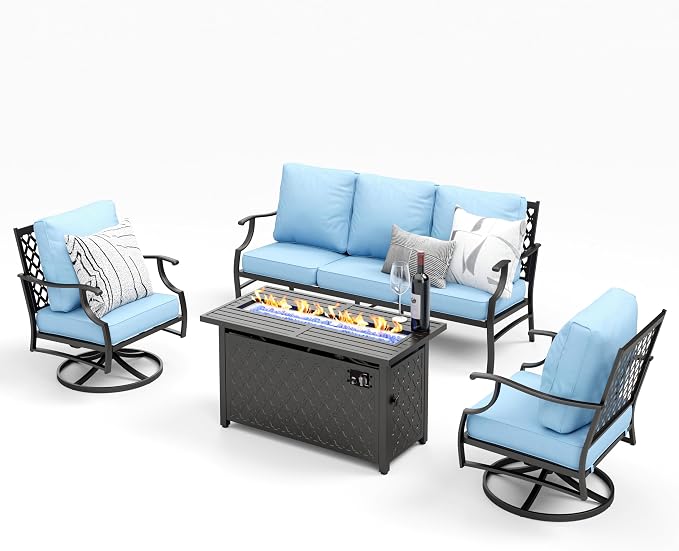 MIXPATIO Patio Furniture Set with Firepit Table, 4 Pcs Metal Outdoor Conversation Set, 2 Swivel Chairs and 3 Seater Sofa with 5.75" Extra Thick Cushion and Gas Fire Pit Table for Backyard Deck, Blue