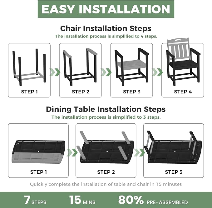 HDPE Outdoor Dining Set, Patio Table and Chairs Set, All-Weather 7-Piece Outside Table and 6 Chairs, 2" Umbrella Hole, Outdoor Furniture for Garden, Poolside, Backyard, Deck | Black