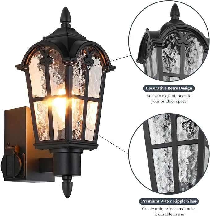 16’’ Large Outdoor Wall Lights with Outlet, Exterior Wall Lantern Sconces | Waterproof, Rust-resistant, Matte Black, Water Ripple Glass, Quick & Easy Installation, Retro & Traditional