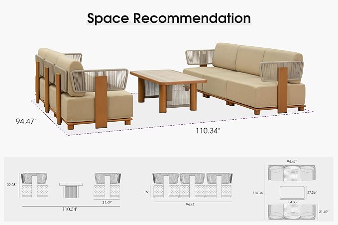PURPLE LEAF Patio Furniture Set Modular Open-End Outdoor Sectional Sofa with 11" Thick Olefin Cushion 7-Piece Outdoor Conversation Set with Coffee Lights & Table for Patio Backyard Poolside, Beige