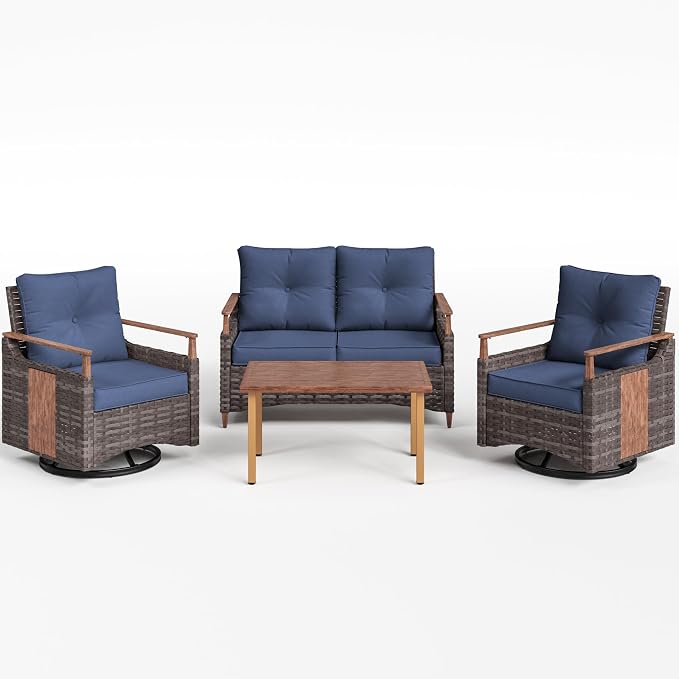 NestNook 4 Pieces Patio Furniture Set, Outdoor All-Weather Handwoven PE Wicker Swivel Chairs, Conversation Set with Coffee Table, Loveseat & Thick Cushion for Backyard, Deck & Poolside, Blue