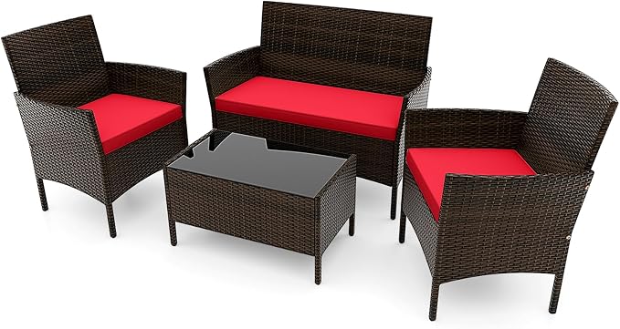 ORALNER 4 Pieces Patio Furniture Set, Rattan Chairs Loveseat with Soft Cushion and Glass Table, Outdoor Wicker Conversation Set for Balcony Garden Backyard Porch Poolside (Red)