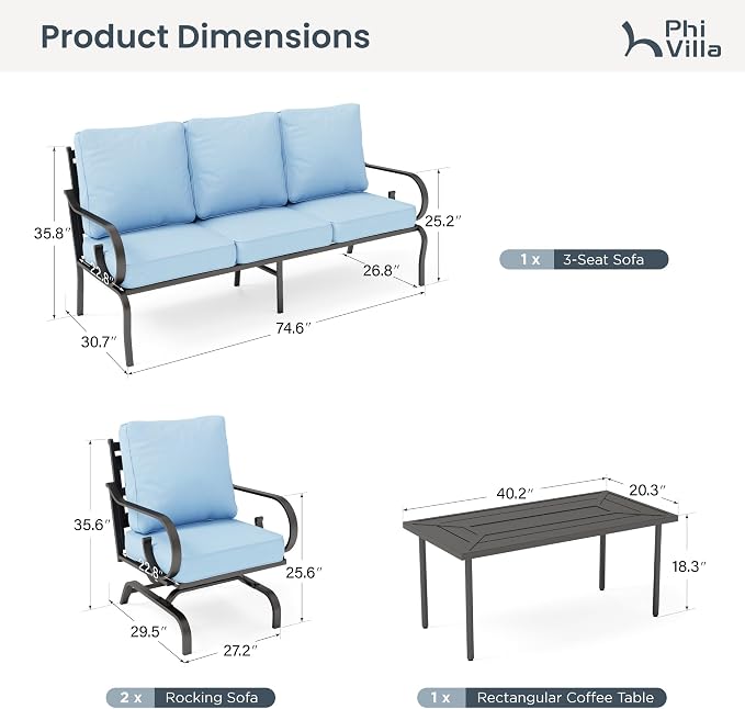 PHI VILLA Patio Furniture Set, 3-Seater Sofa, 2 Rocking Chairs and a Coffee Table, Outdoor Metal Conversation Set with 5.75" Extra Thick Cushion for Garden Backyard Deck, Blue
