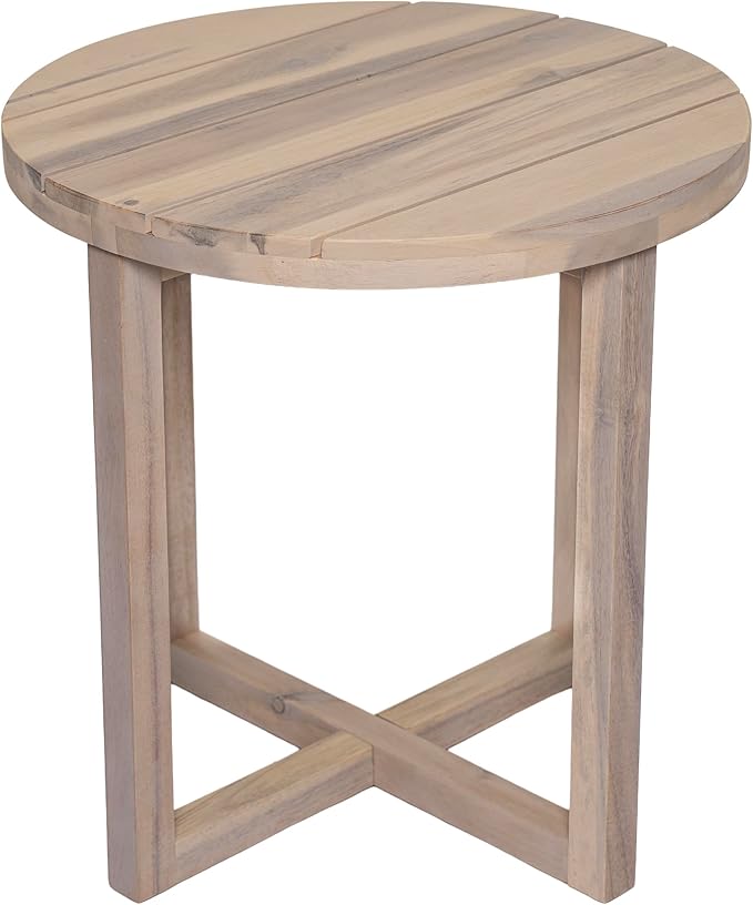 Merax Acacia Outdoor Wood Round Accent Side Table, Cross Base Design with Slat Detailing, Weather-Resistant, Light White