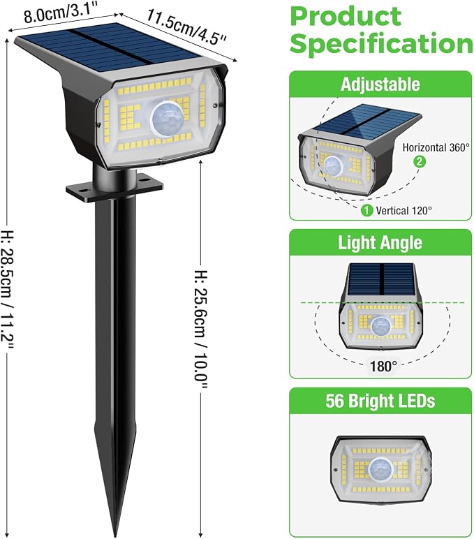 nipify Solar Lights Outdoor Waterproof, Motion Sensor Spot Landscape Light | 4 Pack/3 Modes/56 LED, Cool White, Waterproof, Solar Powered, Landscaping, Lighting for Outside Pathway Yard Garden Walkway