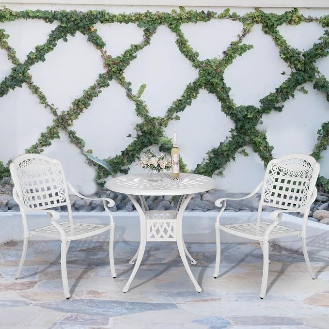 VIVIJASON 3-Piece Outdoor Patio Bistro Set, All-Weather Cast Aluminum Furniture Dining Sets Include 2 Chairs and 31" Round Table w/Umbrella Hole for Balcony, Lawn, Garden, Backyard, White