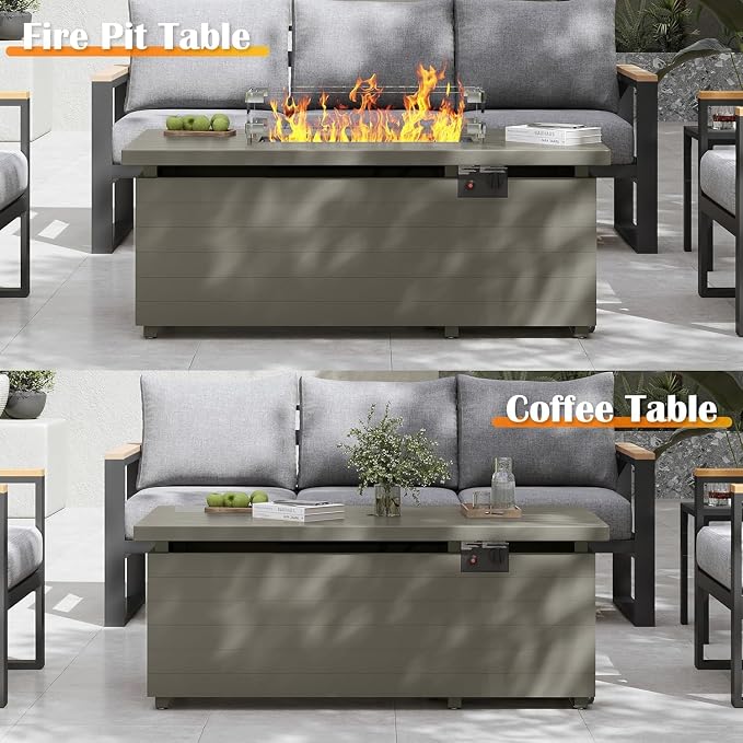 Sundale Outdoor 7 Pieces Patio Furniture Set with Fire Pit Table, L-Shaped Outdoor Sectional Sofa with 6 Inch Olefin Cushion, All-Weather Modern Metal Outdoor Conversation Sets for Backyard, Poolside