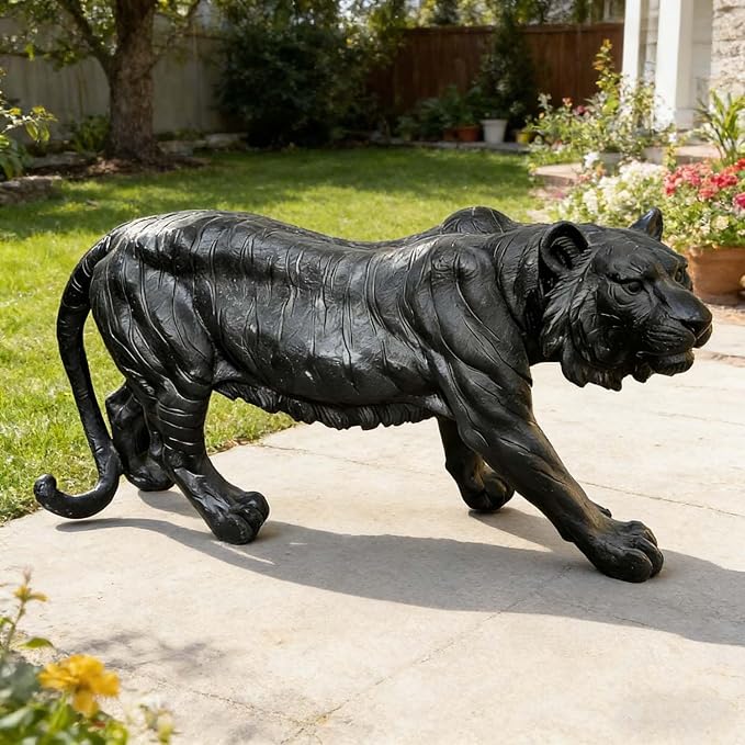 Black Walking The Tiger Garden Statue, 33.46" Outdoor Animal Decor | Extra Large, Realistic Fur Texture & Stripes, For Lawn, Patio, Yard