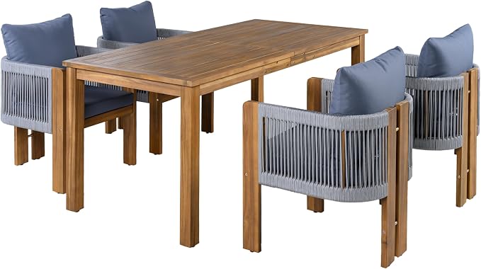Merax Luxury 5-Piece Outdoor Patio Dining Set for 4, Solid Acacia Wood Dinning Set with Rope Woven Chairs,Farmhouse Dining Furniture Set for Garden, Backyard, Poolside, Brown+Gray