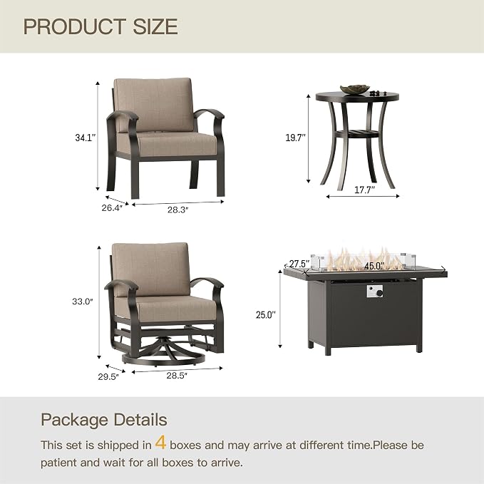 Aluminum Patio Furniture Set with 55,000 BTU Propane Fire Pit Table, 4 Seats Metal Modern Outdoor Furniture w/5.1" Cushions, Sectional w/Swivel Chairs for Backyard, Sand