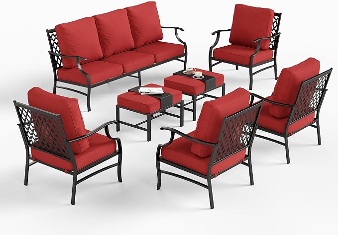 SUNSHINE VALLEY 7 Piece Metal Outdoor Patio Furniture Set, Patio Conversation Sets 1 3-Seater Sofa, 4 Fixed Chair, 2 Ottomans with 5.75" Thick Cushion, Black All-Weather Frame Backyard Furniture, Red