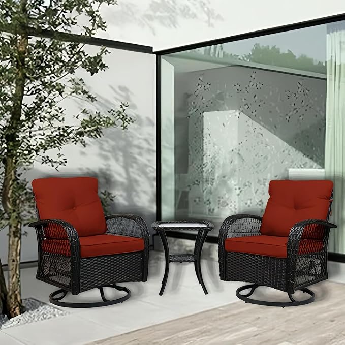 Outdoor Swivel Rocker Patio Chairs with Cushions,Outdoor Swivel Rocking Chairs Set of 2 with Rattan Side Table,360 Degree Swivel Seat Patio Furniture Set for Outside Porch Deck,3 Pieces