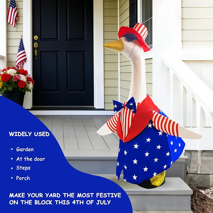 Porch Goose Outfit 4th of July Patriotic Summer Costume – Fits 23 Inch Concrete Cement Goose – Red White Blue Memorial Day Clothes