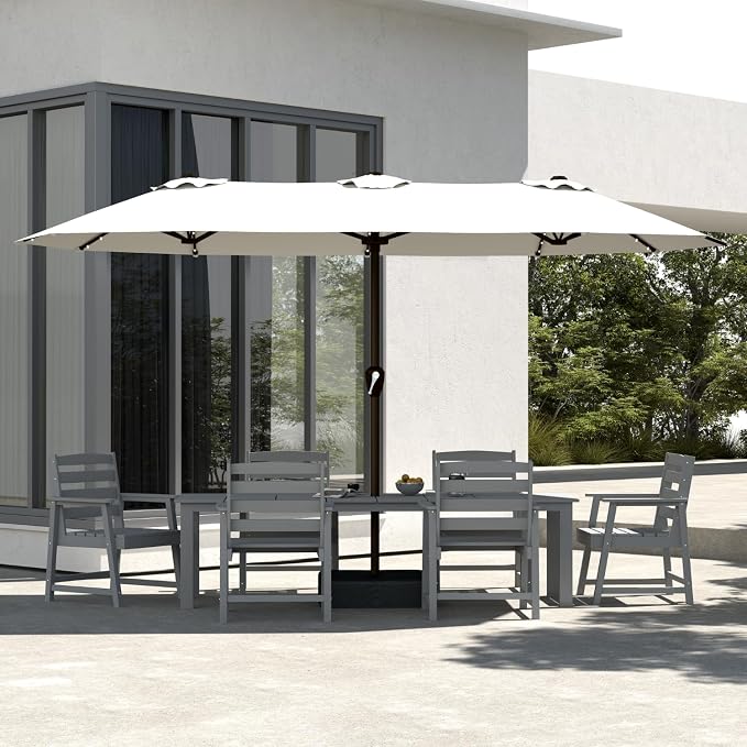 7-Piece Outdoor Dining Set with 15FT Umbrella for 6,Gray | 75.2'' HDPE table, chairs included, weather-resistant furniture with hole, ideal for lawn, poolside, yard, garden, deck