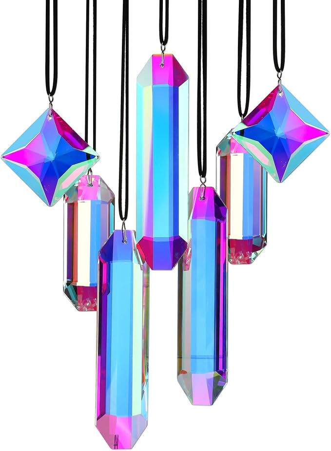 Set 7 Crystal Sun Catcher Prisms AB Colored Suncatcher Crystals for Window | Rainbow Maker Prisms,Indoor Window Suncatchers Hanging,Glass Ornaments for Christmas Tree Home Garden Decor,Gift For Women