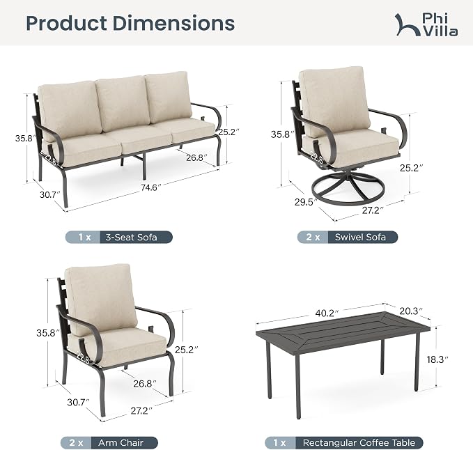 PHI VILLA Patio Furniture Set, 3-Seater Sofa, 2 Fixed Chairs, 2 Swivel Chairs and a Coffee Table, Outdoor Metal Conversation Set with 5.75" Extra Thick Cushion for Garden Backyard Deck, Beige