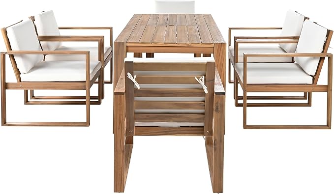 Rustic 7 Piece Patio Table and Chairs Set, Outdoor Dining Set for 6 with Umbrella Hole and Removable Cushion,for Garden Backyard Lawn Poolside (Light Teak#X)