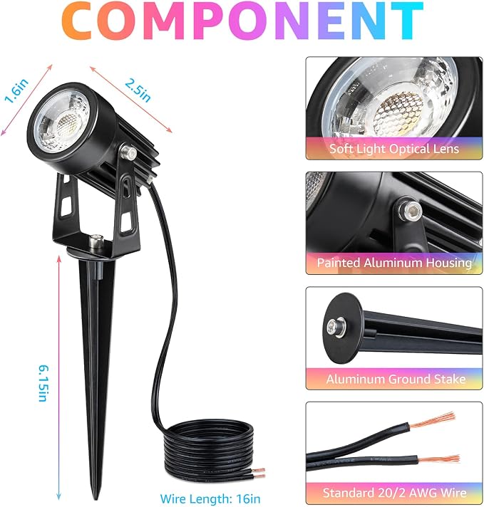 SUNVIE 3W RGBW LED Low Voltage Landscape Lighting Kit, Dusk to Dawn, 12 PCS | Color Changing Landscape Lights, IP65 Waterproof, Aluminum, All-in-One Landscape Lighting Kit, for Yard Garden Tree House