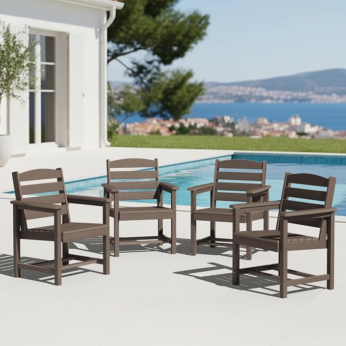 KINGYES All Weather Outdoor Dining Chairs Set of 4, HDPE Oversized Patio Chairs, Dark Brown