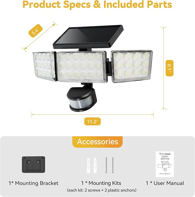 Solar Lights Outdoor, 3500LM 168 LED Motion Sensor Solar Flood Lights, 3 Heads 300° Wide Angle, 3 Modes IP65 Waterproof Solar Security Lights for Yard Garden Patio, 1 Pack (Black)