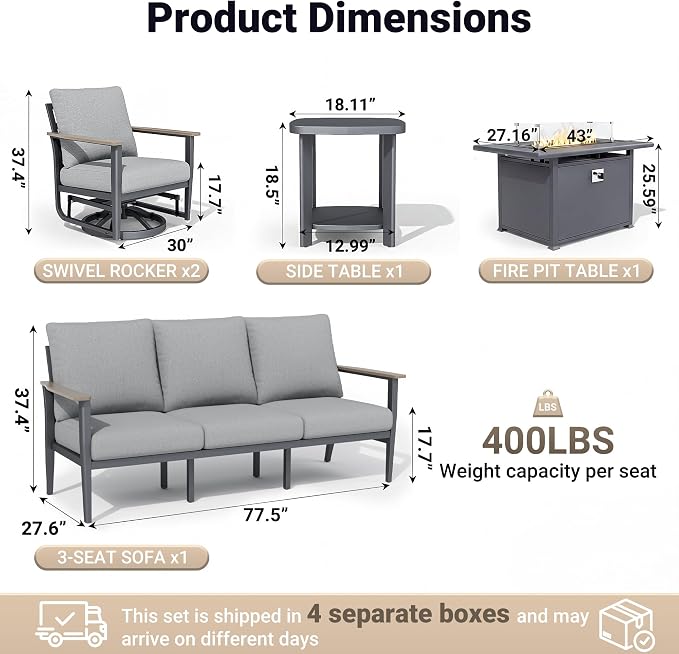 Aluminum Outdoor Patio Furniture Set, 5-Piece Outdoor Sofa with 5.1" Thick Cushions, Swivel Rocking Chairs, 55,000 BTU Propane Fire Pit Table, Outdoor Couch for Backyard, Balcony, Gray