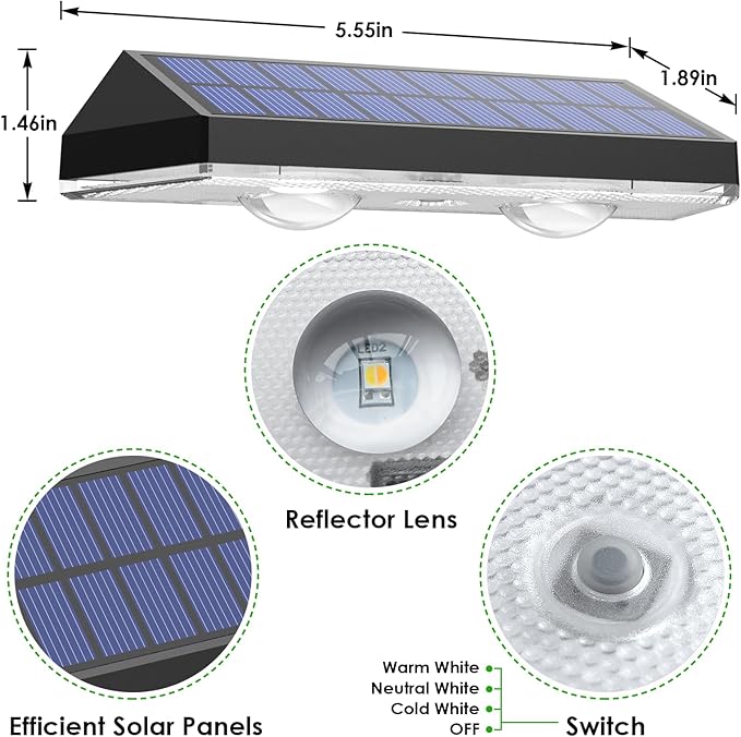 LIANGLOME Solar Fence Lights - 2PK Solar Outdoor Light Warm White/Daylight White/Cold White 3 Modes Deck Lights for Outside, Deck Fences, Stair Railings, Pools and Walls