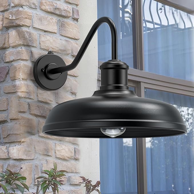 16 Inch Dome Dusk to Dawn Gooseneck Barn Light Outdoor, Black | Large Farmhouse Exterior Lighting Fixture, Industrial Outdoor Wall Sconce Outside Lantern for House, Porch, Garage