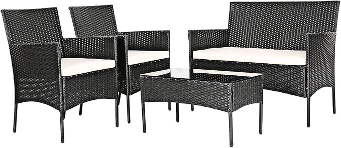 Tangkula 8 Piece Patio Furniture Set, Outdoor Wicker Conversation Set with Tempered Glass Coffee Table, Rattan Loveseat & Chairs Set with Seat Cushions for Backyard, Garden, Poolside (2, Beige)