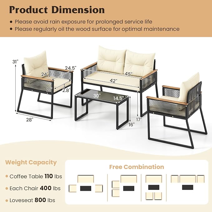 Tangkula 8 Pieces Patio Wicker Furniture Set, Heavy Duty Outdoor Cushioned Conversation Set with Tempered Glass Coffee Table, for Garden, Yard and Poolside (Off White,4)