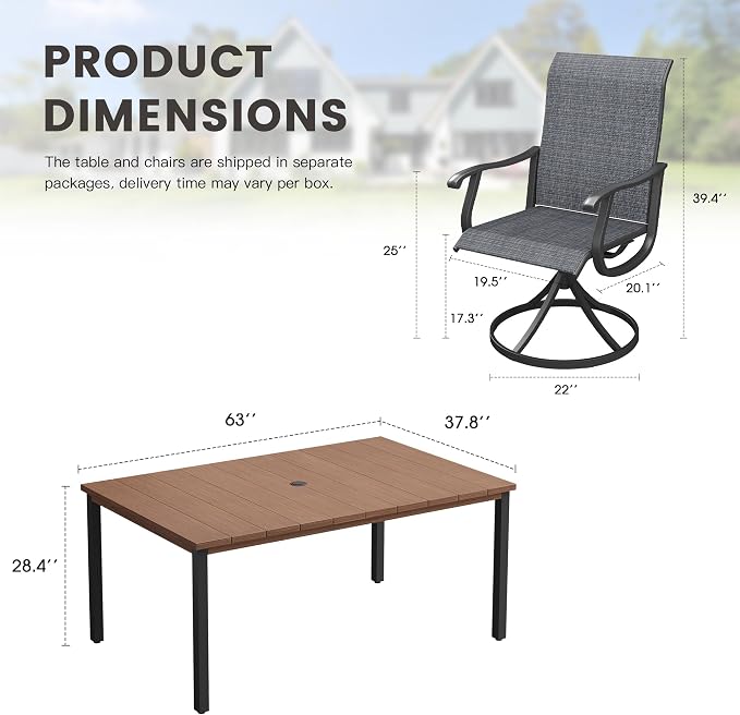 Outdoor Dining Set for 6, 63" Metal Outdoor Dining Table with Umbrella Hole and Sling Patio Swivel Chairs, 7 Pieces Patio Table and Chairs Set for Garden Backyard, Charcoal and Walnut