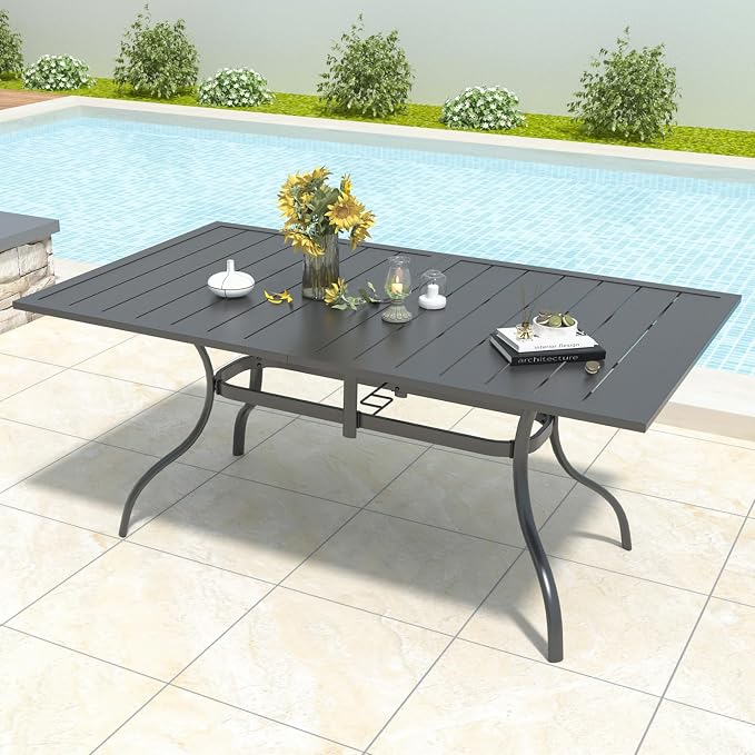 Anmutig 7 Pieces Outdoor Patio Dining Set with Umbrella Hole, 63" Large Rectangle Table with Heavy Duty Steel Frame, Outdoor Furniture Set for Backyard, Deck, Garden
