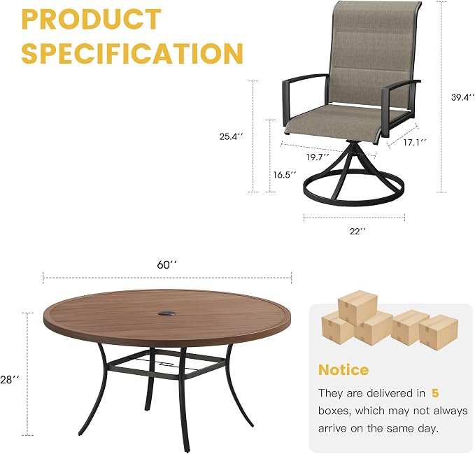 VICLLAX Outdoor Dining Set for 8, Outdoor Furniture Includes 60" Round Patio Table and Swivel Padded Chairs, Walnut Tabletop and Mixed Brown Fabric