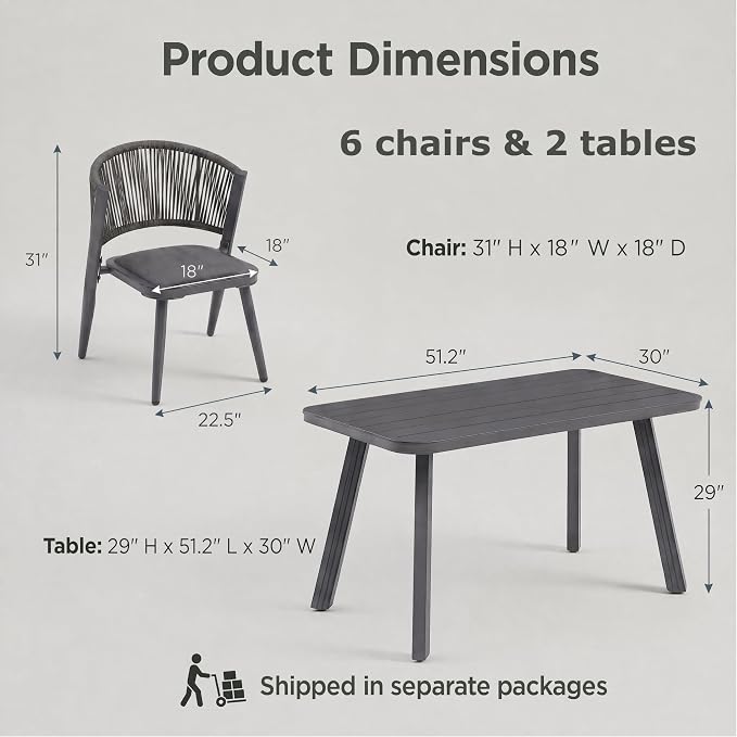 8-Pcs Aluminum Outdoor Dining Set, All-Weather Rattan Patio Furniture Set Include Two 51.2" Rectangular Tables & 6 PE Wicker Chairs with Waterproof Cushions for Balcony Backyard Garden Deck BBQ (Grey)
