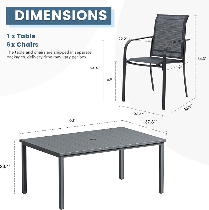 DIFY 7 Pieces Outdoor Patio Dining Set for 6, 63" Grey Rectangle Metal Dining Table and 6 Grey Stackable Sling Dining Chairs, Outdoor Table and Chairs for Lawn Garden Backyard Deck