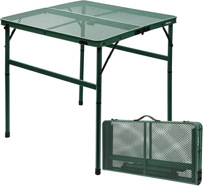 Square Folding Card Table with Adjustable Height (12" & 26"), Green Portable Metal Mesh Table for Camping, BBQ, Picnic, Game, Patio & Indoor Use, Fits 2–4 People, Lightweight 7.6 lb, Supports 66 lb