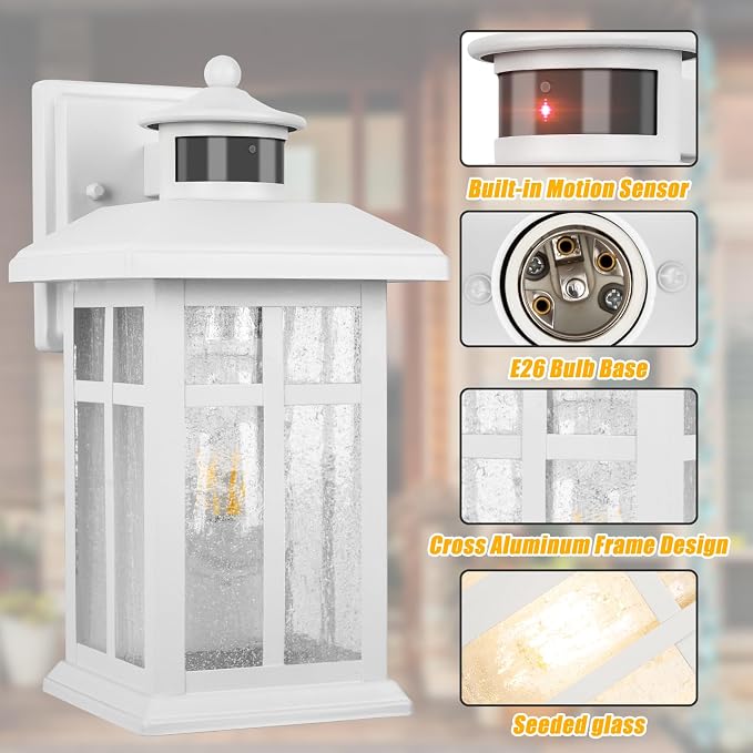 Brilvibera Dawn to Dusk Motion Sensor Exterior Wall Light Fixtures | Exterior Wall Mount with E26 Sockets & Tempered Glass, Waterproof Outdoor & Indoor Lights for House, Porch, Garage, White