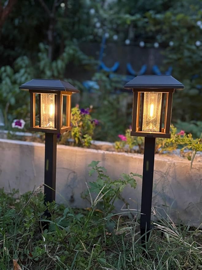 XMCOSY+ 4-Pack Solar Pathway Lights Outdoor, 25 Lumens Solar Garden Lights | IP65 Waterproof Seeded Glass & Metal Stakes, 2-Tone Vintage Edison LED Landscape Lighting for Yard, Patio, Walkway & Driveway
