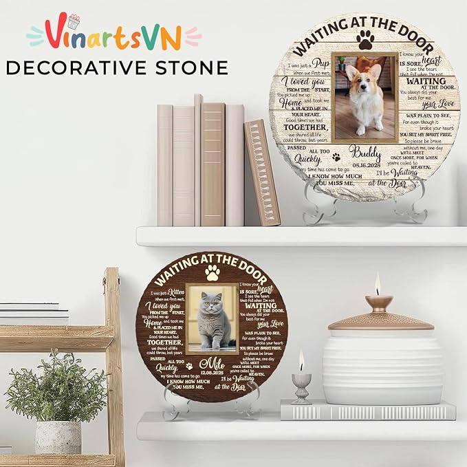 Personalized Pet Memorial Garden Stone for Dogs - Waiting at The Door Dog Memorial Natural Stone with Photo, Condolences Sympathy Gift for Dog Lovers, Pet Loss Gifts, Waterproof for Indoor & Outdoor