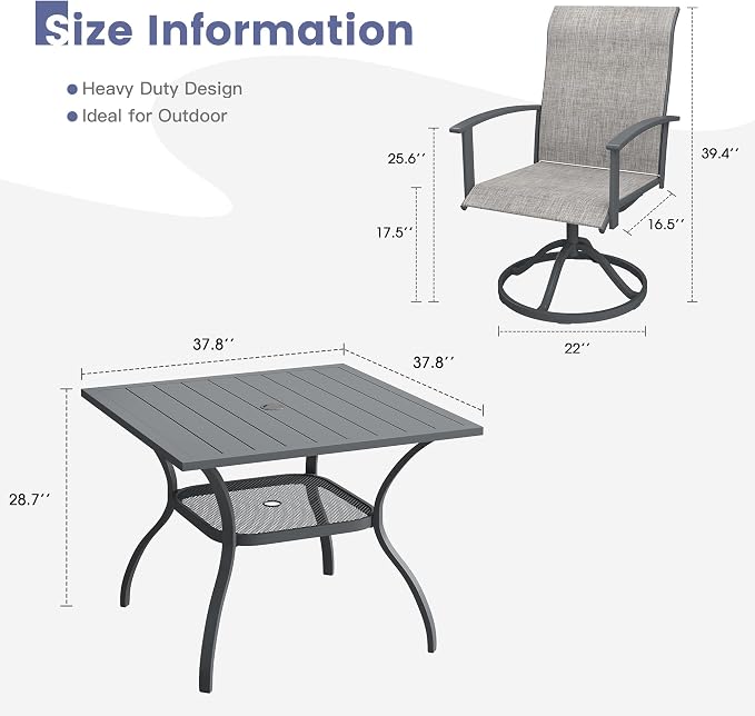 VICLLAX Square Outdoor Table and Chairs Set, 5 Pieces Patio Dining Set of 37.8" Metal Square Patio Table with Umbrella Hole & 4 Swivel Outdoor Dining Chairs for Backyard Lawn, Grey & Dark Grey