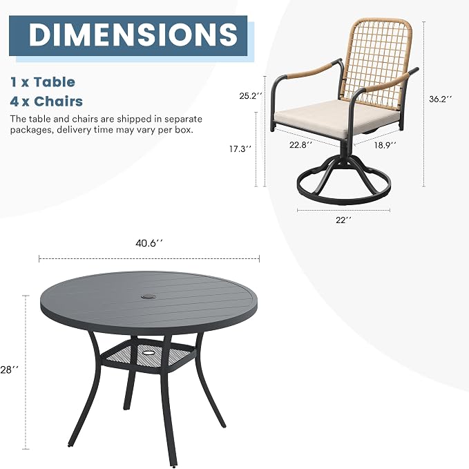 DIFY 5 Pieces Outdoor Dining Set for 4, 40.6" Round Dining Table with Umbrella Hole & Wicker Swivel Patio Chairs with Cushions, Metal Patio Table and Chairs Set for Backyard Porch Garden, Grey